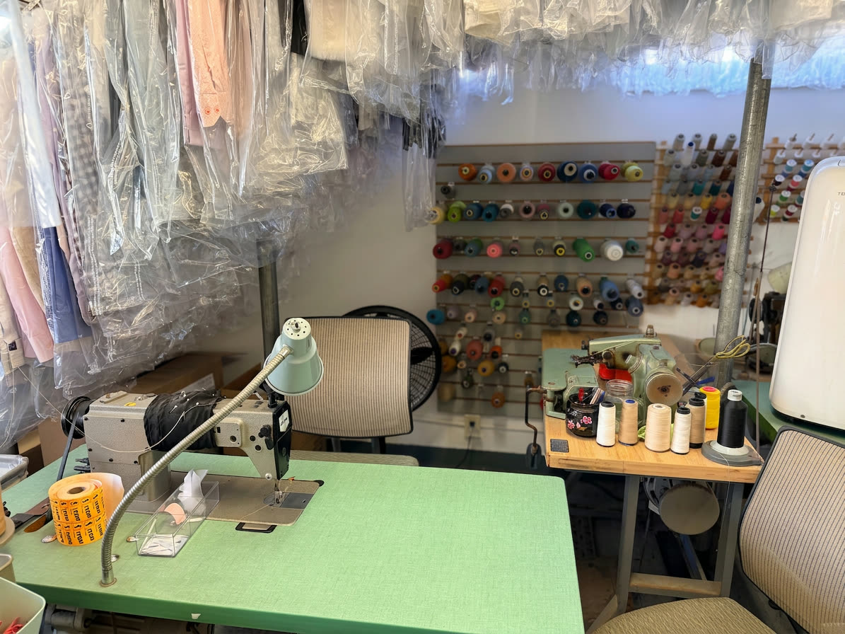 Sewing machines and thread at the alterations station