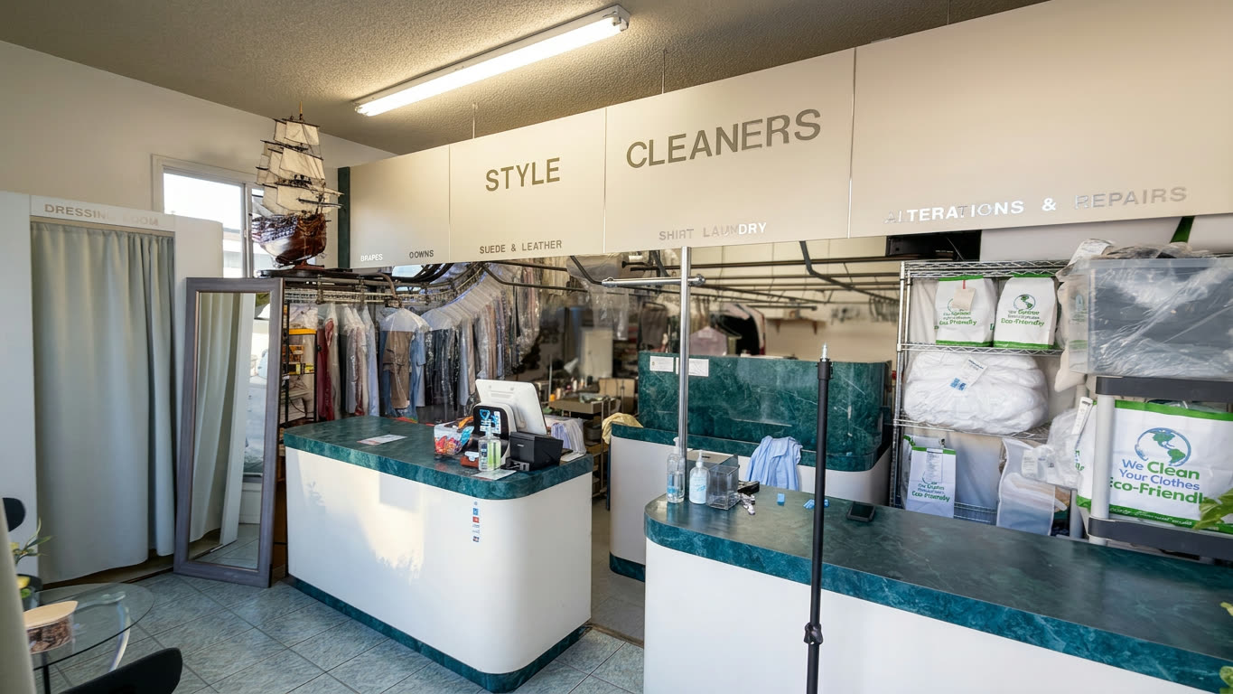 The Style Cleaners front counter with eco-friendly garment bags on the shelf